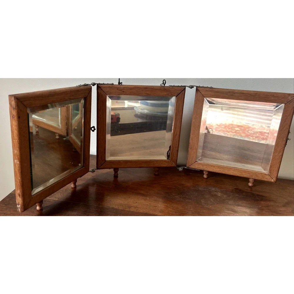 Antique Victorian Oak Tri Fold Shaving Travel Mirror Beveled Glass 23